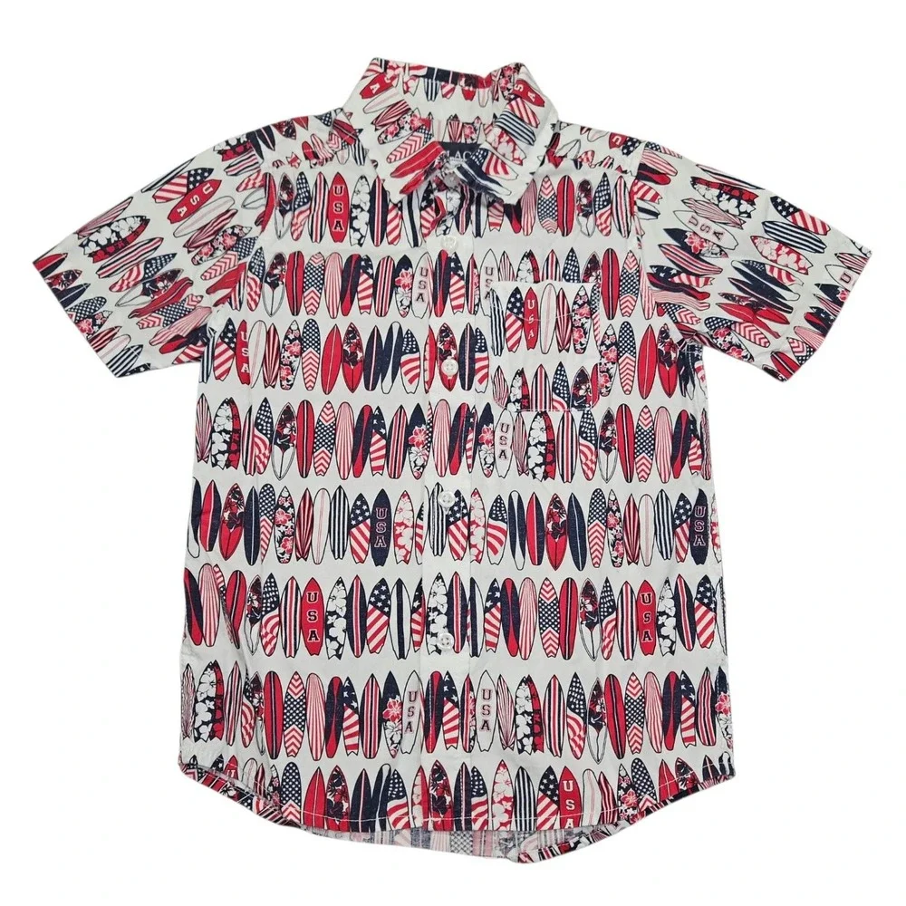 The Children's Place Boys Size 5/6 USA Surfboard Hawaiian Button Down Shirt